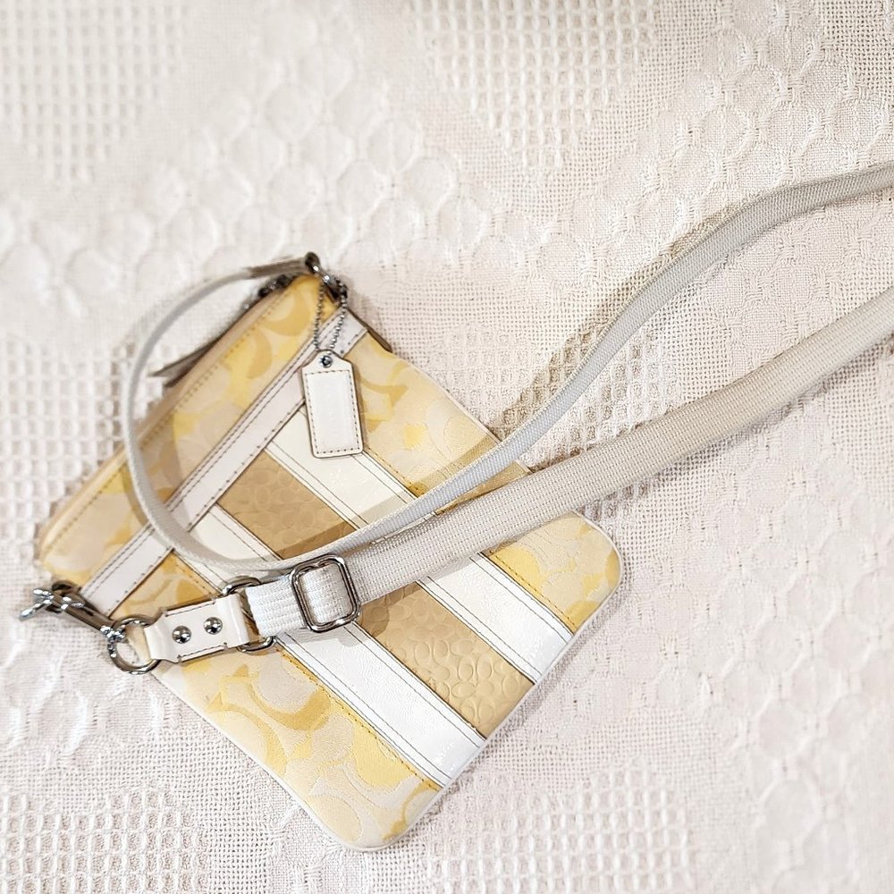Coach Signature Stripe Yellow C Canvas Logo White Leather Crossbody Purse Bag - Picture 10 of 13